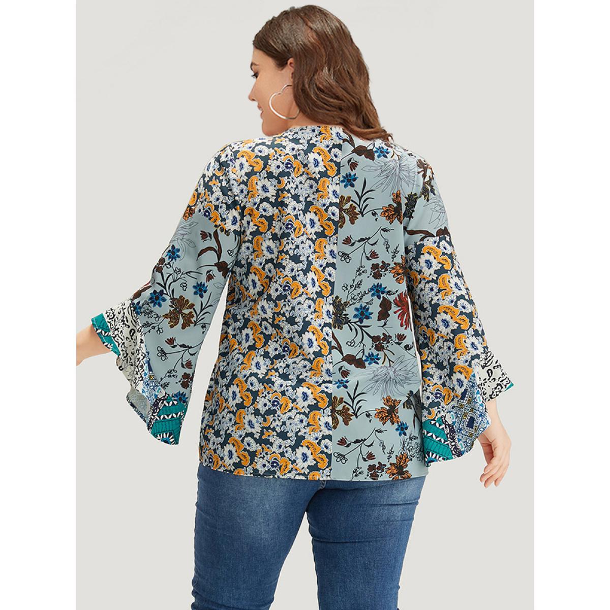 Plus Size Multicolor Bandana Print Patchwork Bell Sleeve Blouse Women Elegant Long Sleeve V-neck Vacation Blouses BloomChic 14-16/1X Product Image