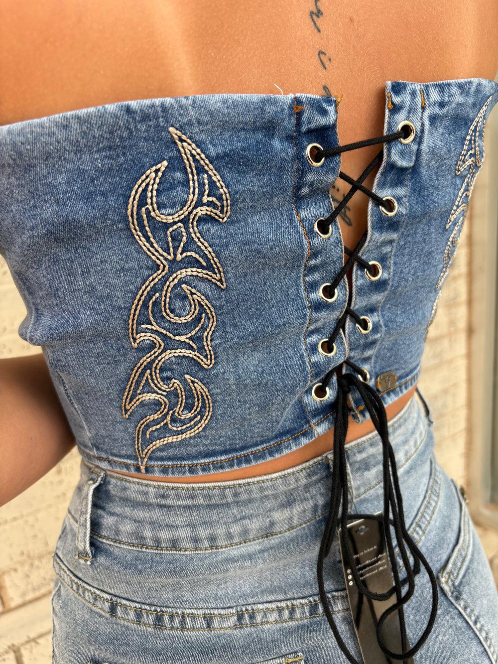 L&B Stone Wash Boot Stitch Embroidered Denim Tie Up Corset Product Image
