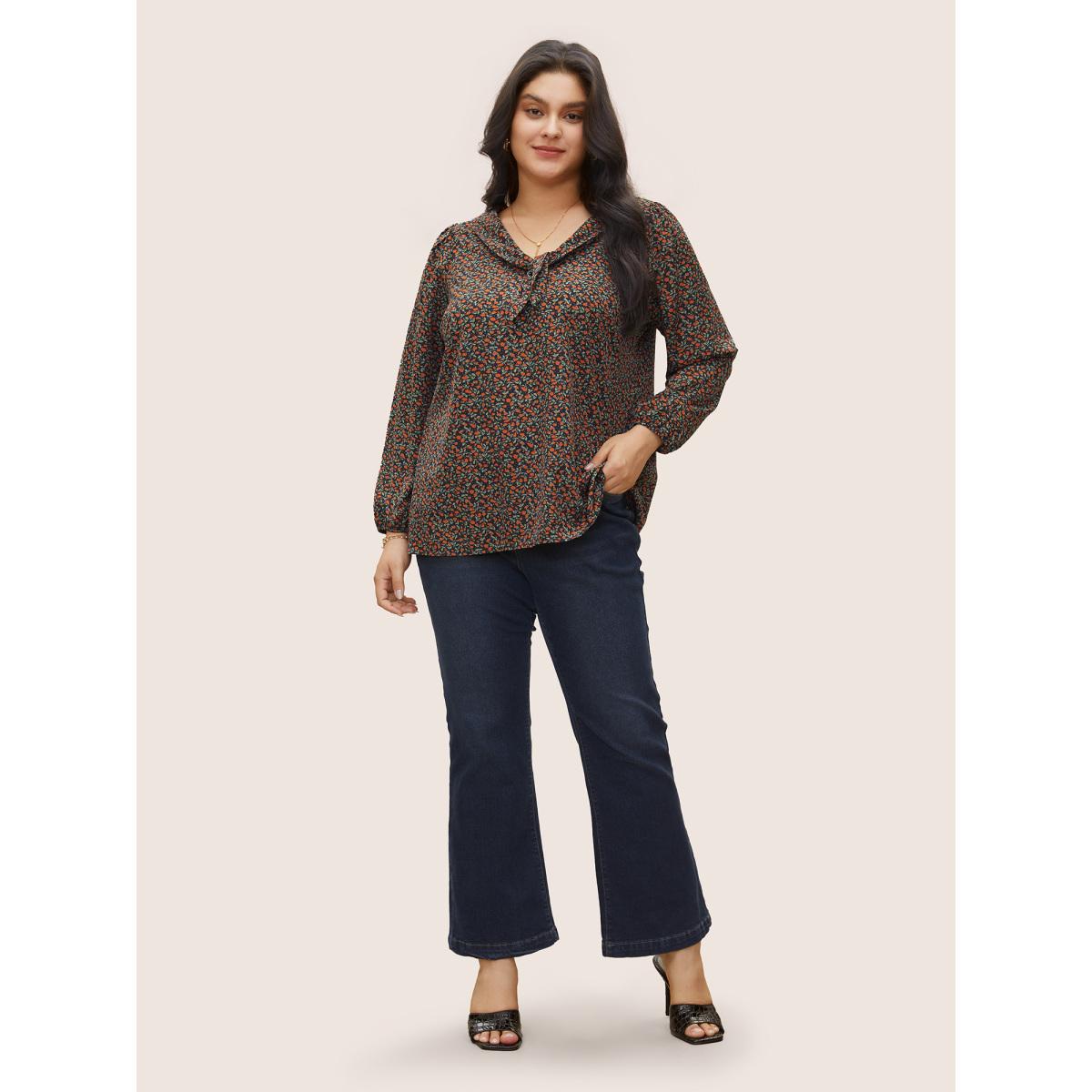 Plus Size Indigo Ditsy Floral Ties Elastic Cuffs Blouse Women Elegant Long Sleeve V-neck Everyday Blouses BloomChic 12/L Product Image