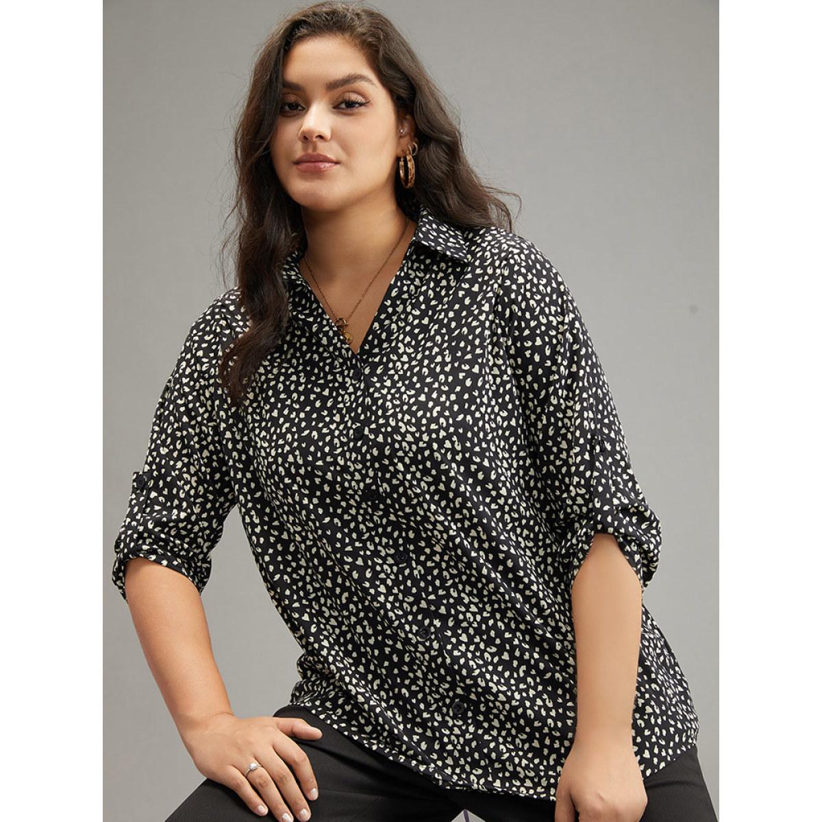Plus Size Black Leopard Print Shirt Collar Button Through Blouse Women Office Elbow-length sleeve Shirt collar Work Blouses BloomChic 10/M Product Image
