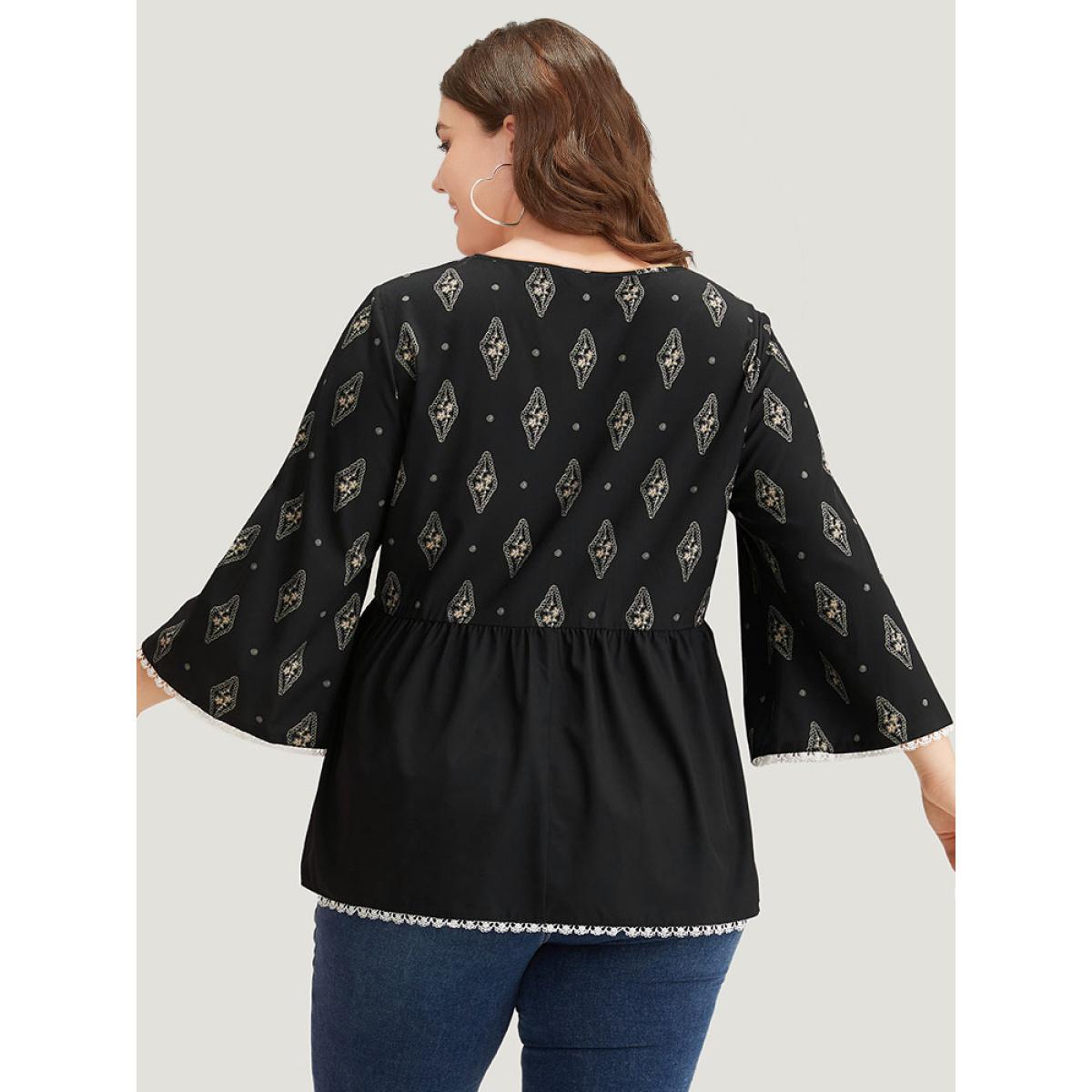 Plus Size Black Boho Print Guipure Lace V Neck Bell Sleeve Blouse Women Vacation Elbow-length sleeve V-neck Dailywear Blouses BloomChic 26/4X Product Image