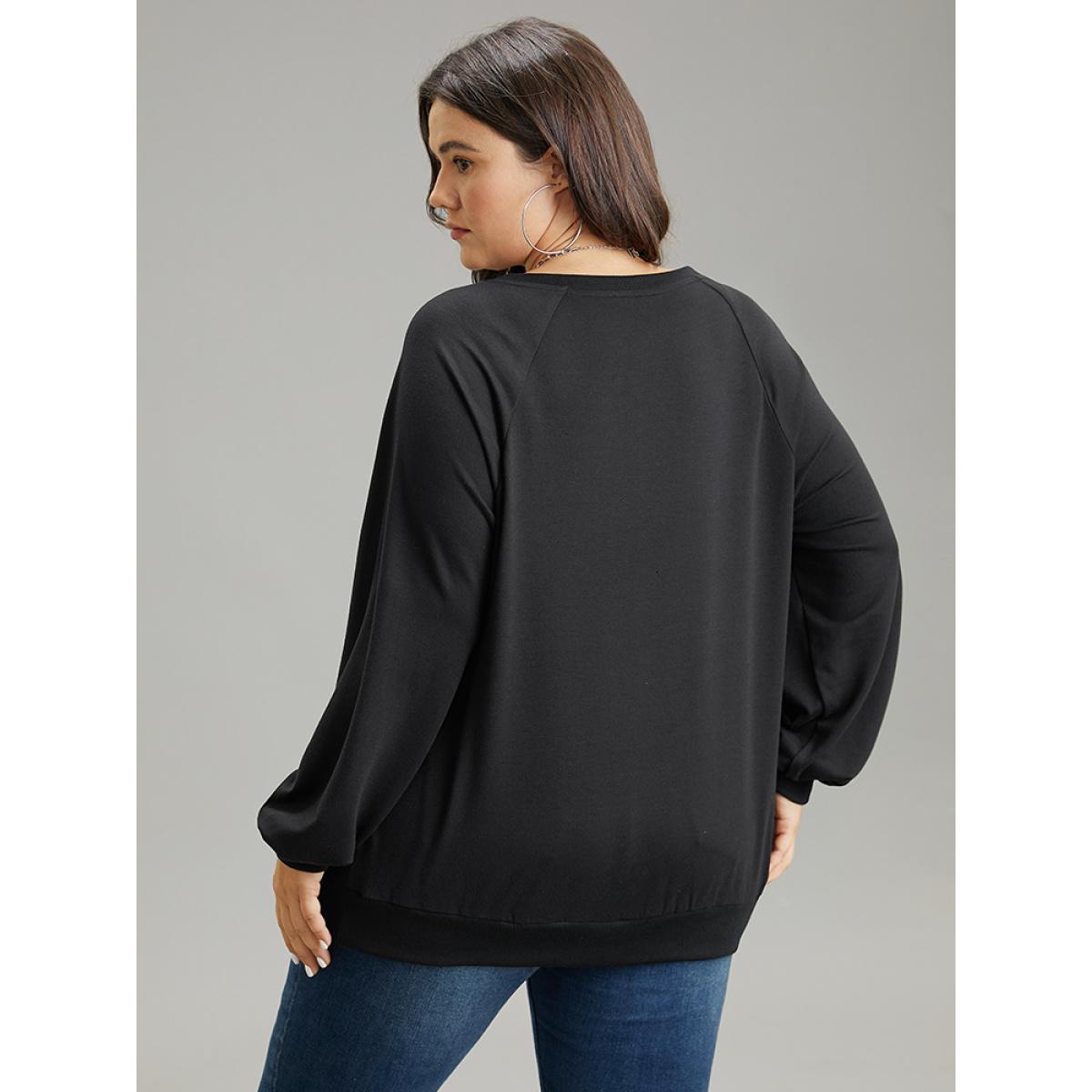 Plus Size Solid Rib Knit Cut Out Raglan Sleeve Sweatshirt Women Black Casual Rib Knit Keyhole Cut-Out Everyday Sweatshirts BloomChic 14-16/1X Product Image
