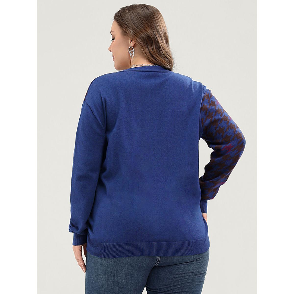 Plus Size Houndstooth Contrast Super Soft Knit Jacquard Wrap Knit Top Blue Women Elegant Loose Long Sleeve Deep V-neck Dailywear Pullovers BloomChic 18-20/2X Product Image