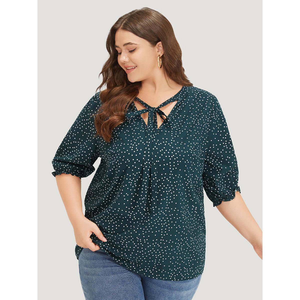 Plus Size DarkGreen Polka Dot Knot Neck Lantern Sleeve Blouse Women Office Half Sleeve Tie Neck Work Blouses BloomChic 22-24/3X Product Image