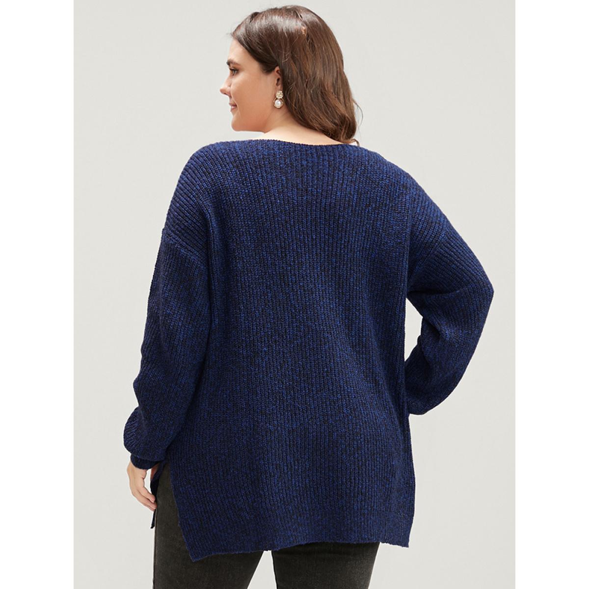 Plus Size Solid Pointelle Knit V Neck Split Hem Heather Knit Top DarkBlue Women Casual Loose Long Sleeve V-neck Dailywear Pullovers BloomChic 26/4X Product Image