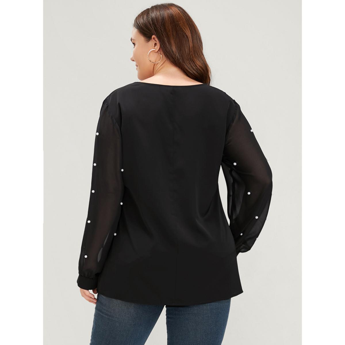 Plus Size Black Solid Patchwork Mesh Sleeve Pearls Beaded Blouse Women Glamour Long Sleeve V-neck Going out Blouses BloomChic 12/L Product Image