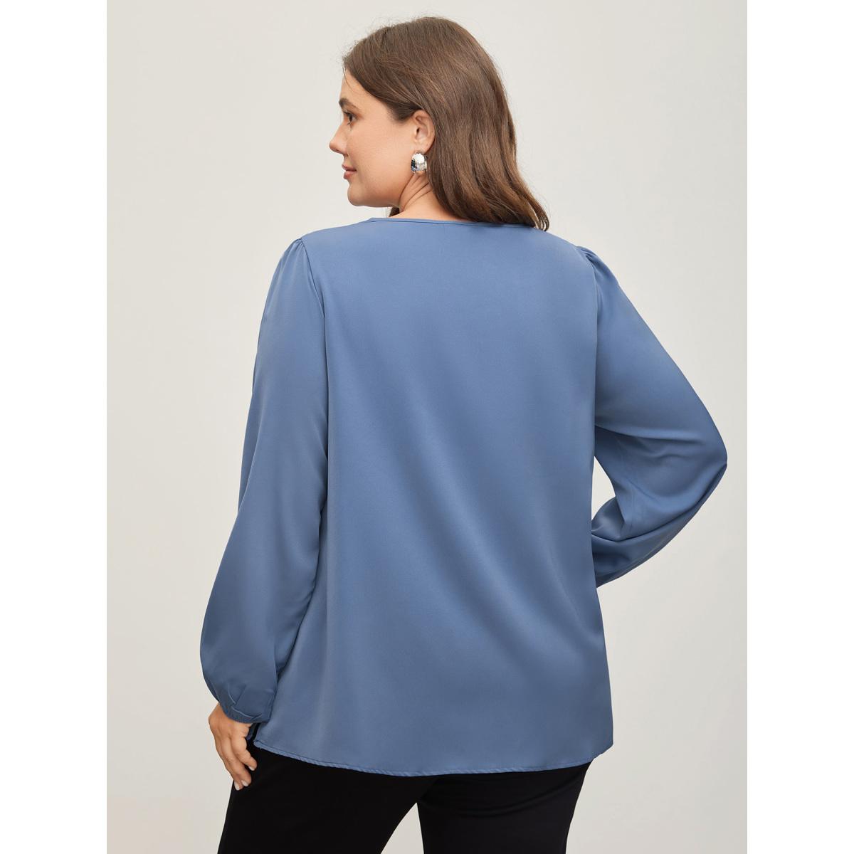 Plus Size Stone Criss Cross Neckline Puff Sleeve Gathered Blouse Women Timeless Long Sleeve Asymmetrical Neck Elegant Blouses BloomChic 14-16/1X Product Image
