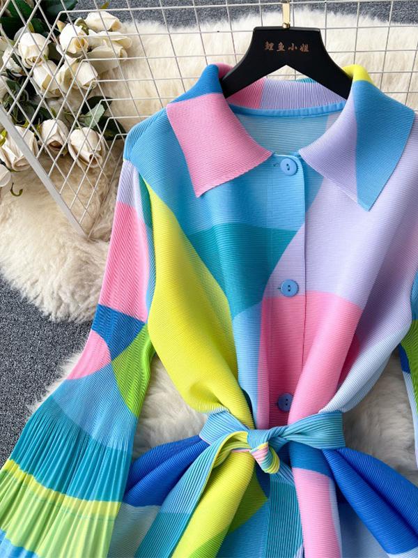 Flared Sleeves Loose Belted Contrast Color Pleated Midi Dresses Product Image