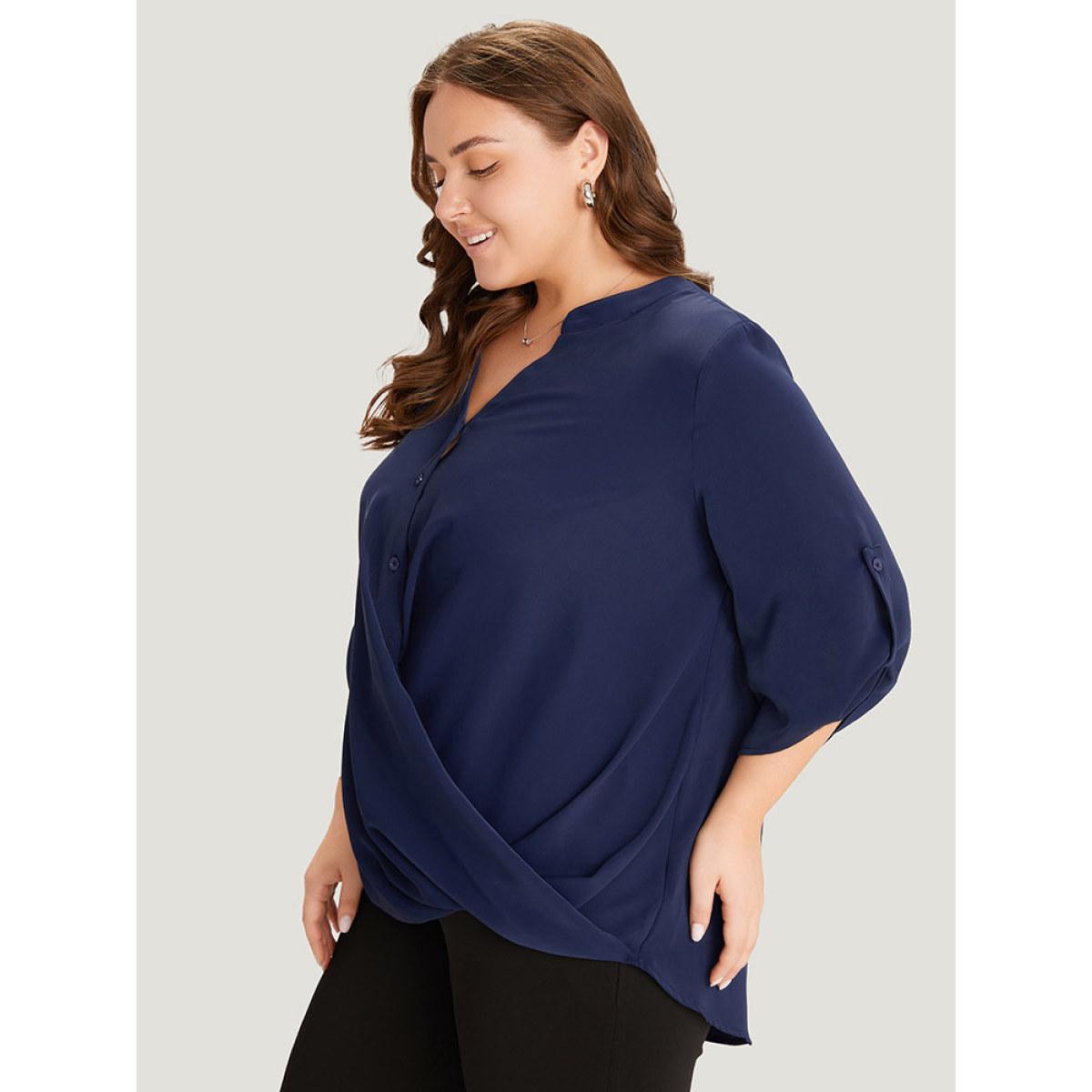 Plus Size Indigo Solid Button Up Notched Crossover Hem Blouse Women Office Elbow-length sleeve Notched collar Work Blouses BloomChic 14-16/1X Product Image