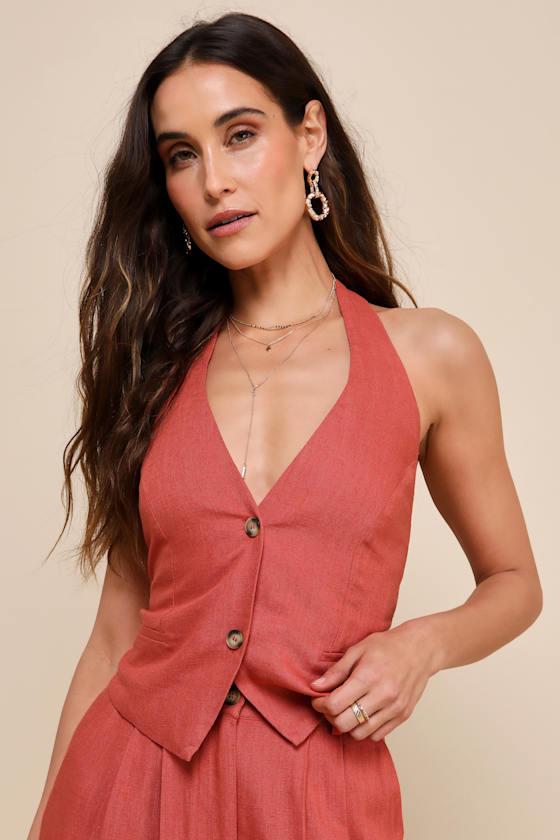 Relaxed Darling Rust Linen Tie-Back Halter Vest Top Product Image