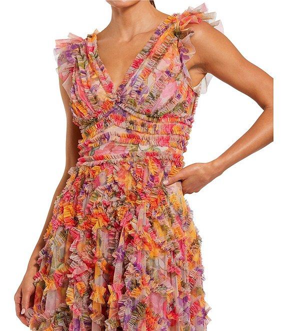 Mac Duggal Mesh Floral Print V-Neck Sleeveless Ruffle A-Line Maxi Dress Product Image