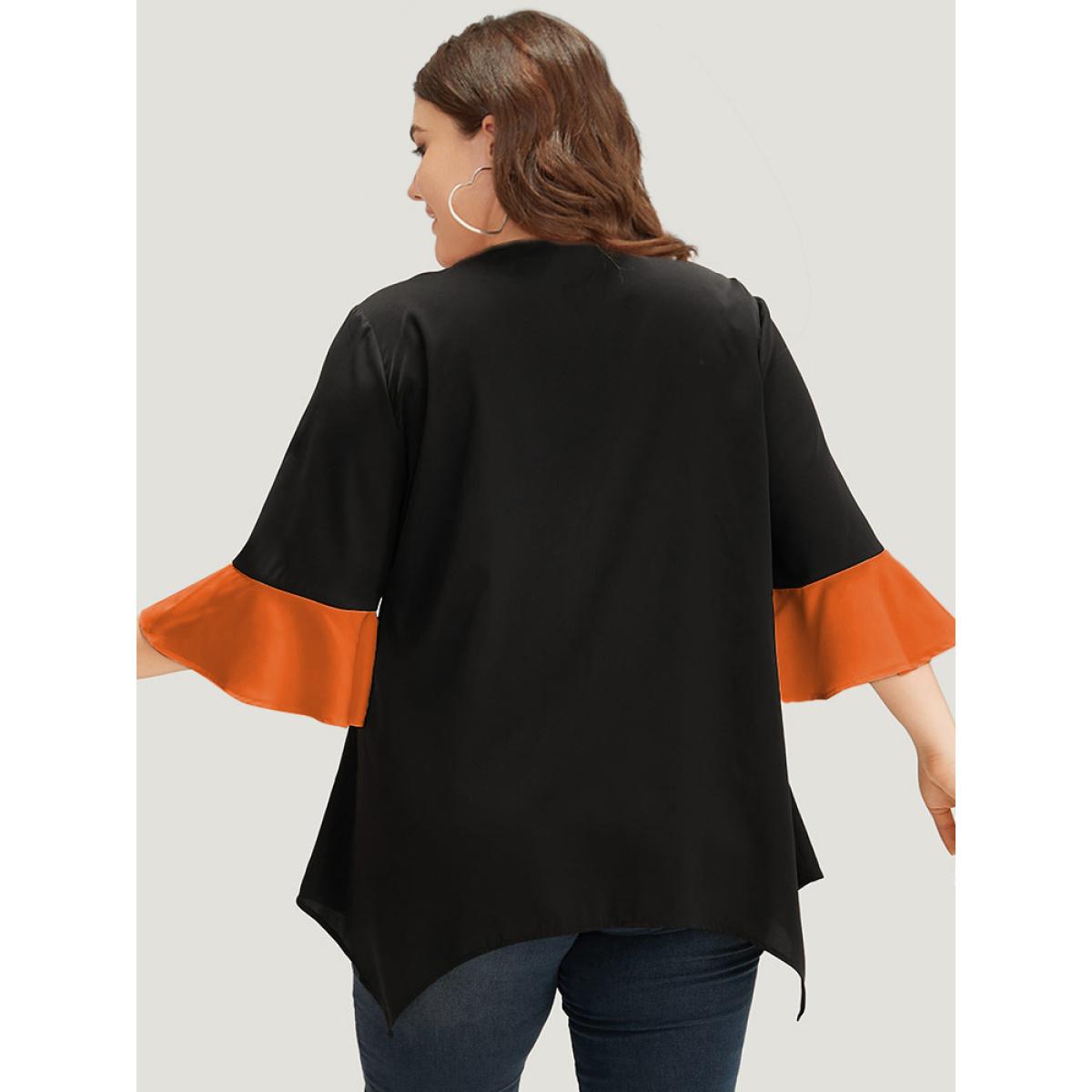 Plus Size Chocolate Anti-Wrinkle Contrast Zip Up Flutter Sleeve Hanky Hem Blouse Women Office Half Sleeve Round Neck Work Blouses BloomChic 10/M Product Image