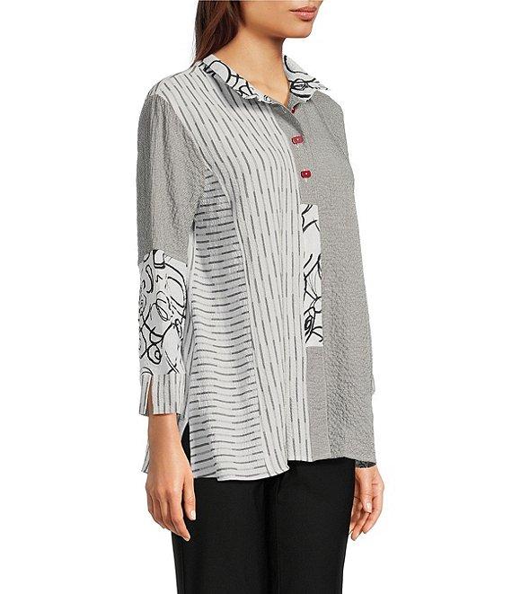 Ali Miles Pucker Mixed Print Wire Collar 3/4 Sleeve Button Front Tunic Product Image