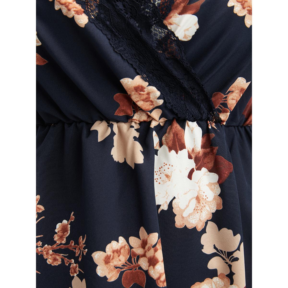 Plus Size Floral Wrap Lace Trim Cami Night Dress Women DarkBlue Elegant Floral Elastic Waist V-neck Loungewear BloomChic 30/6X Product Image