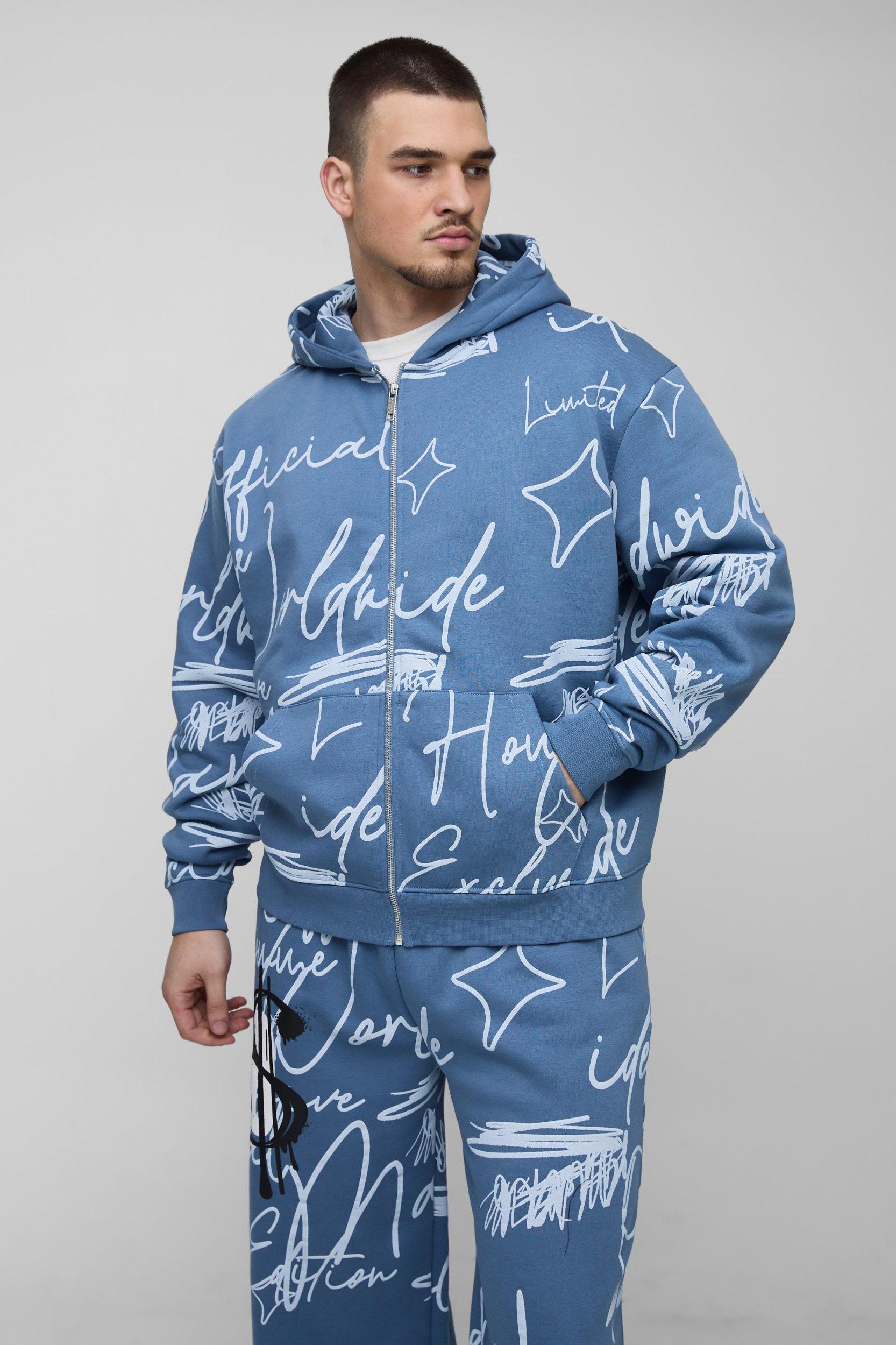 Tall Oversized Boxy Graffiti Hooded Wide Leg Tracksuit | boohooMAN USA Product Image
