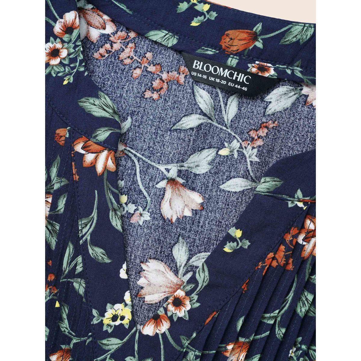 Plus Size Indigo Ditsy Floral Pleated Flutter Sleeve Blouse Women Elegant Elbow-length sleeve Flat collar with V-notch Everyday Blouses BloomChic 14-16/1X Product Image