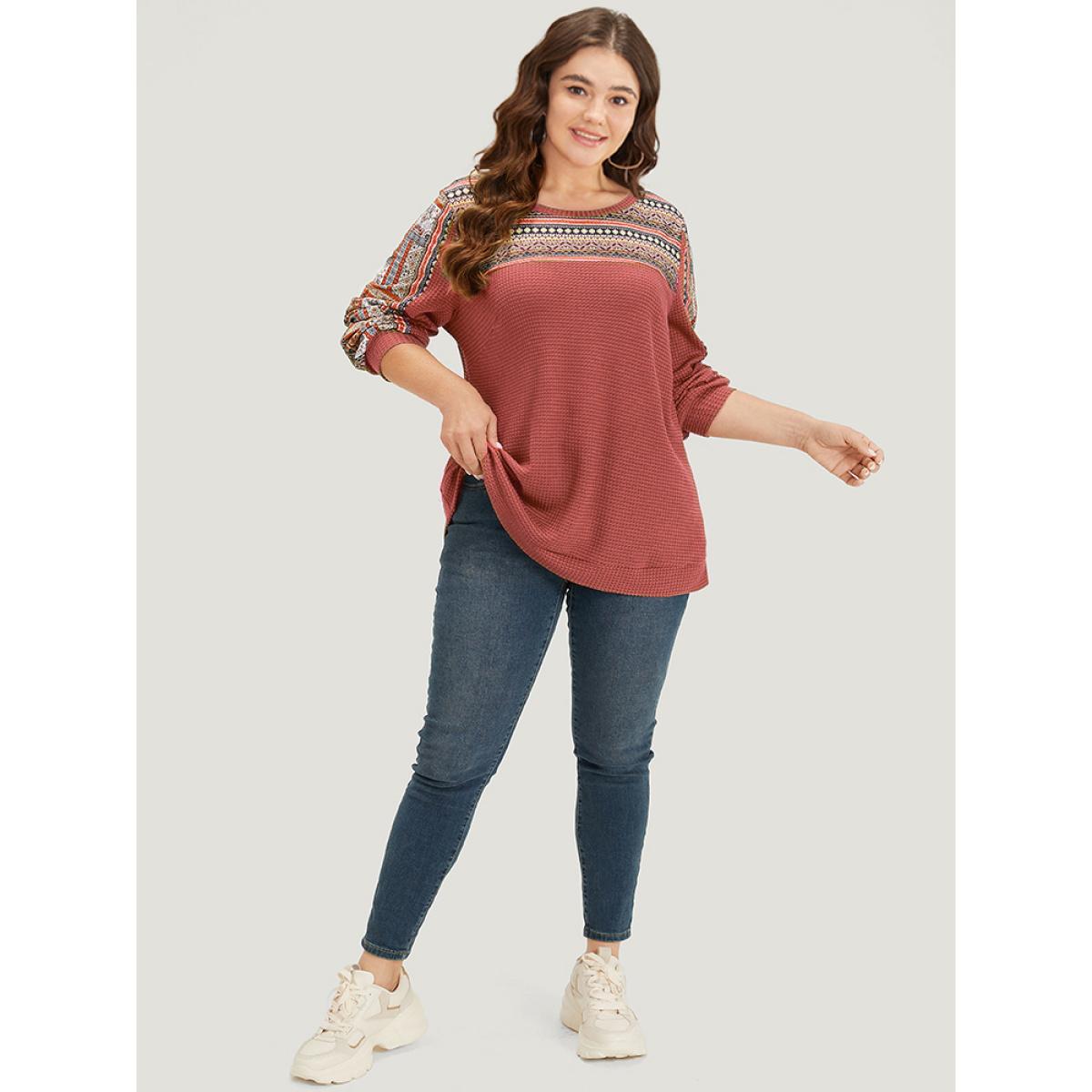 Plus Size Boho Print Patchwork Waffle Knit Crew Neck Sweatshirt Women Chocolate Casual Elastic cuffs Round Neck Dailywear Sweatshirts BloomChic 22-24/3X Product Image