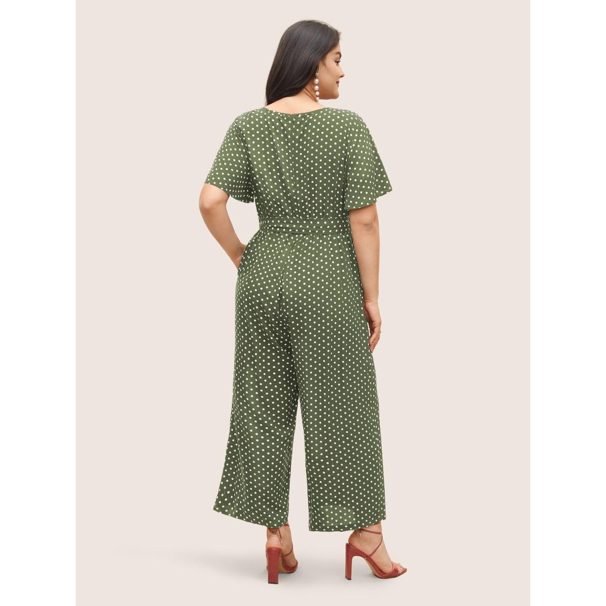 Plus Size Sage Polka Dot Cut Out Zipper Belted Jumpsuit Women Elegant Short sleeve Notched collar Everyday Loose Jumpsuits BloomChic 28/5X Product Image
