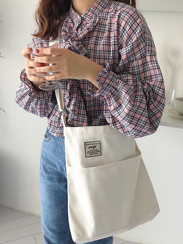 Simple Solid Color With-pockets Canvas Handbag Product Image