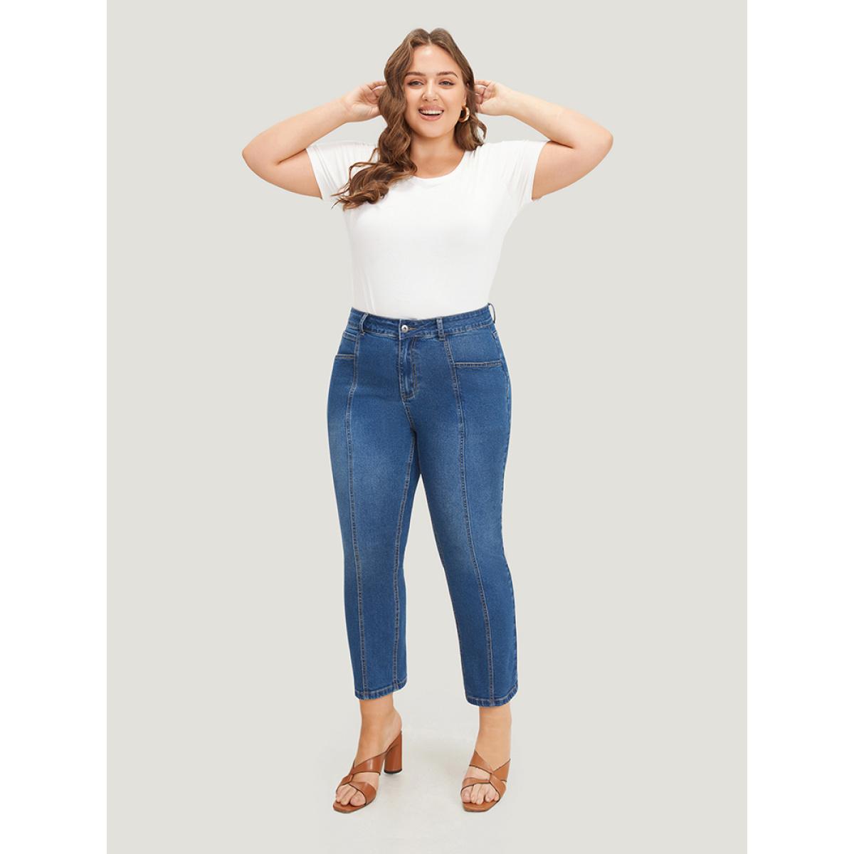 Plus Size Very Stretchy Pocket High Rise Patchwork Jeans Women Blue Casual Plain Embroidered High stretch Pocket Jeans BloomChic 12/L Product Image
