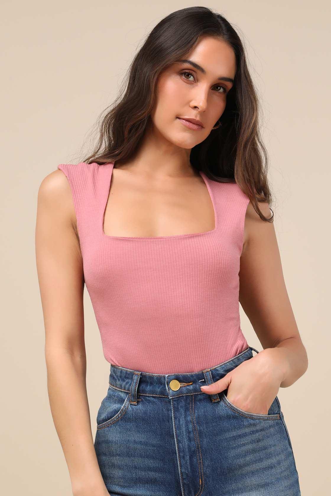 Sweet Crush Mauve Pink Ribbed Square Neck Bodysuit Product Image