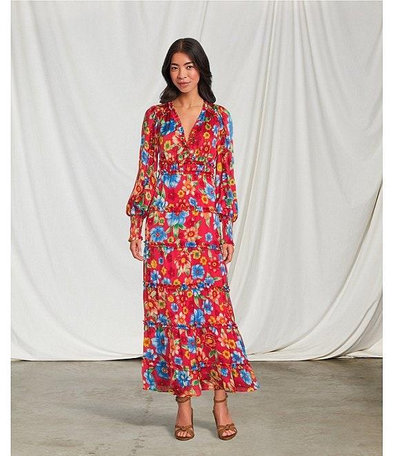 Chelsea & Violet Margaux Floral Print Plisse V-Neck Long Cuff Sleeve Maxi Dress Product Image