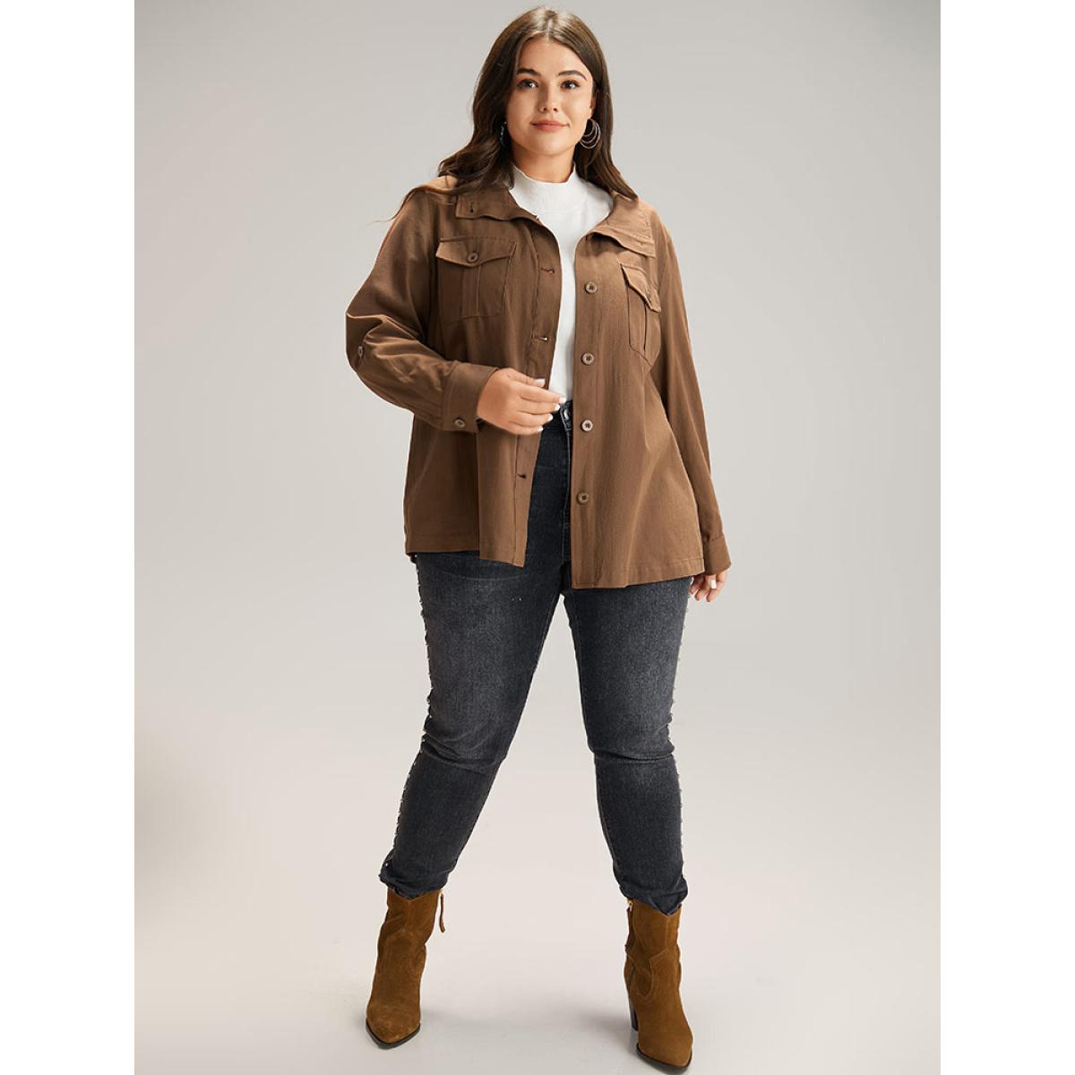 Plus Size Plain Roll Tab Sleeve Button Down Coat Women Bronze Casual Plain Ladies Dailywear Winter Coats BloomChic 26/4X Product Image