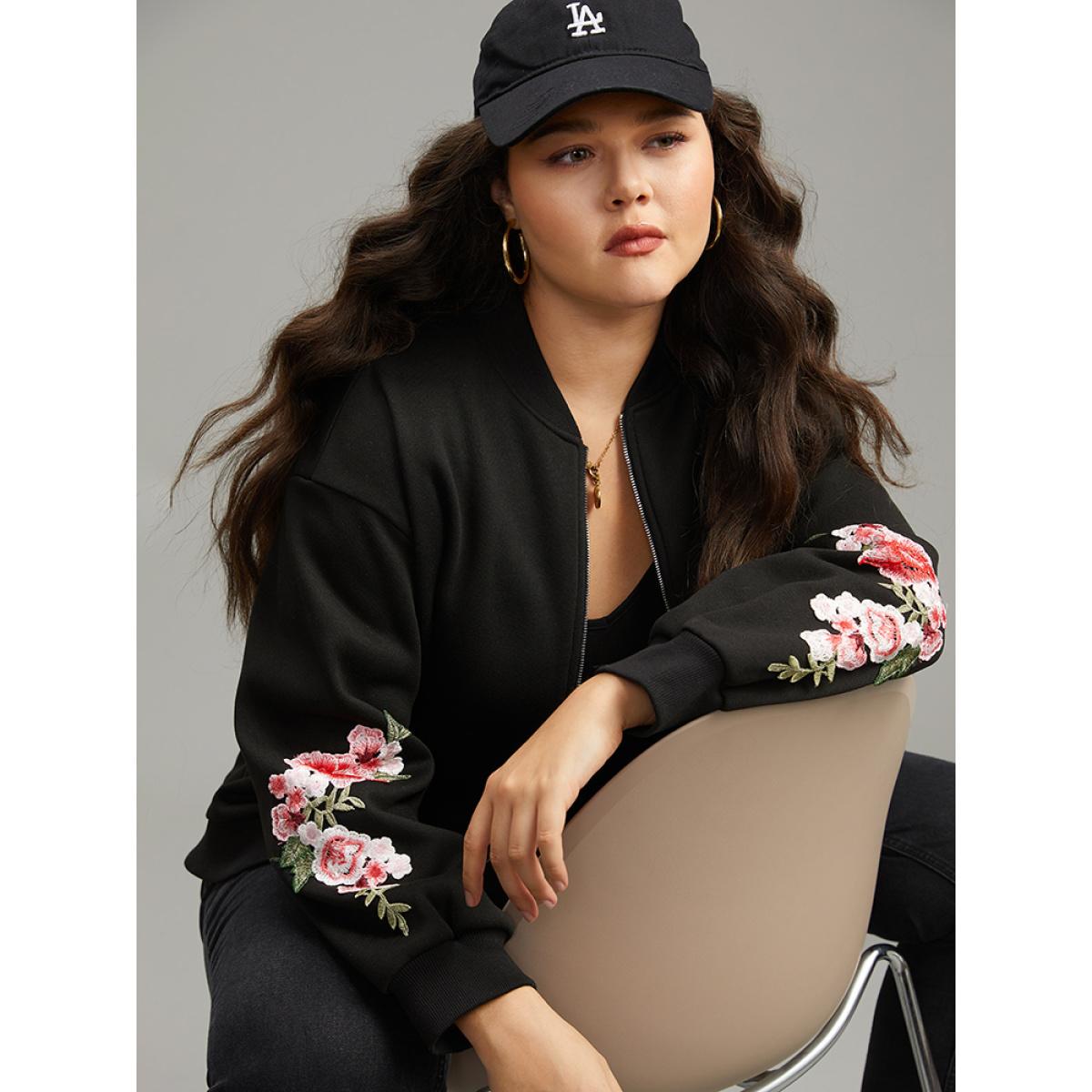 Plus Size Floral Embroidered O Ring Zipper Jacket Women Black Elastic cuffs Everyday Jackets BloomChic 26/4X Product Image