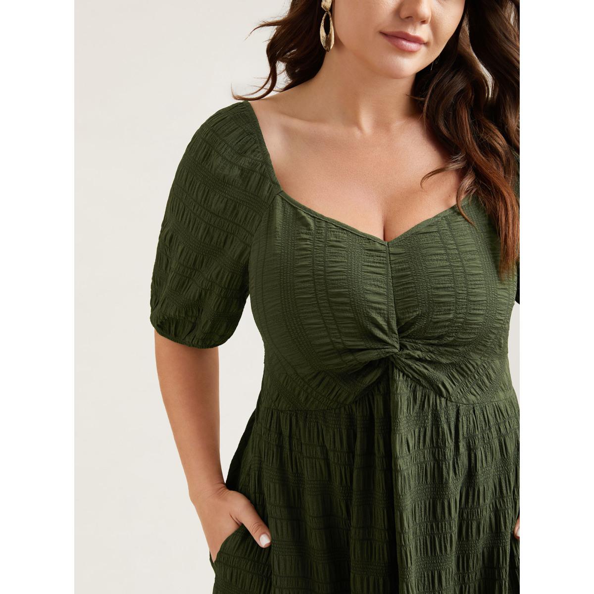 Plus Size Textured Front-Twist Square Neck Midi Dress ArmyGreen Women Elegant Twist V-neck Short sleeve Curvy BloomChic 14-16/1X Product Image