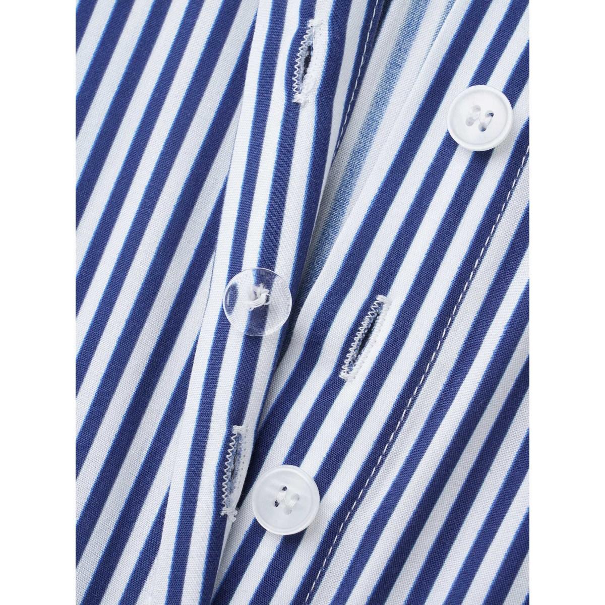 Plus Size Mediumblue Striped Shirt Collar Shirred Blouse Women Elegant Long Sleeve Shirt collar Everyday Blouses BloomChic 10/M Product Image