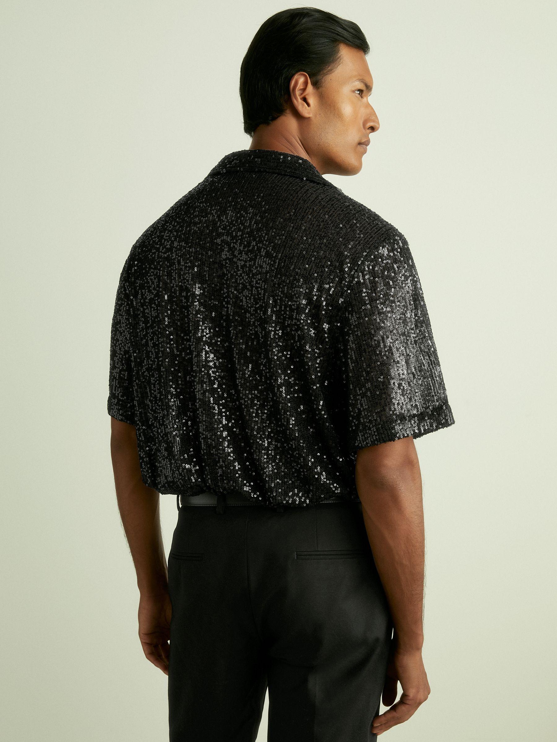 Sequinned Cuban-Collar Shirt in Black Product Image