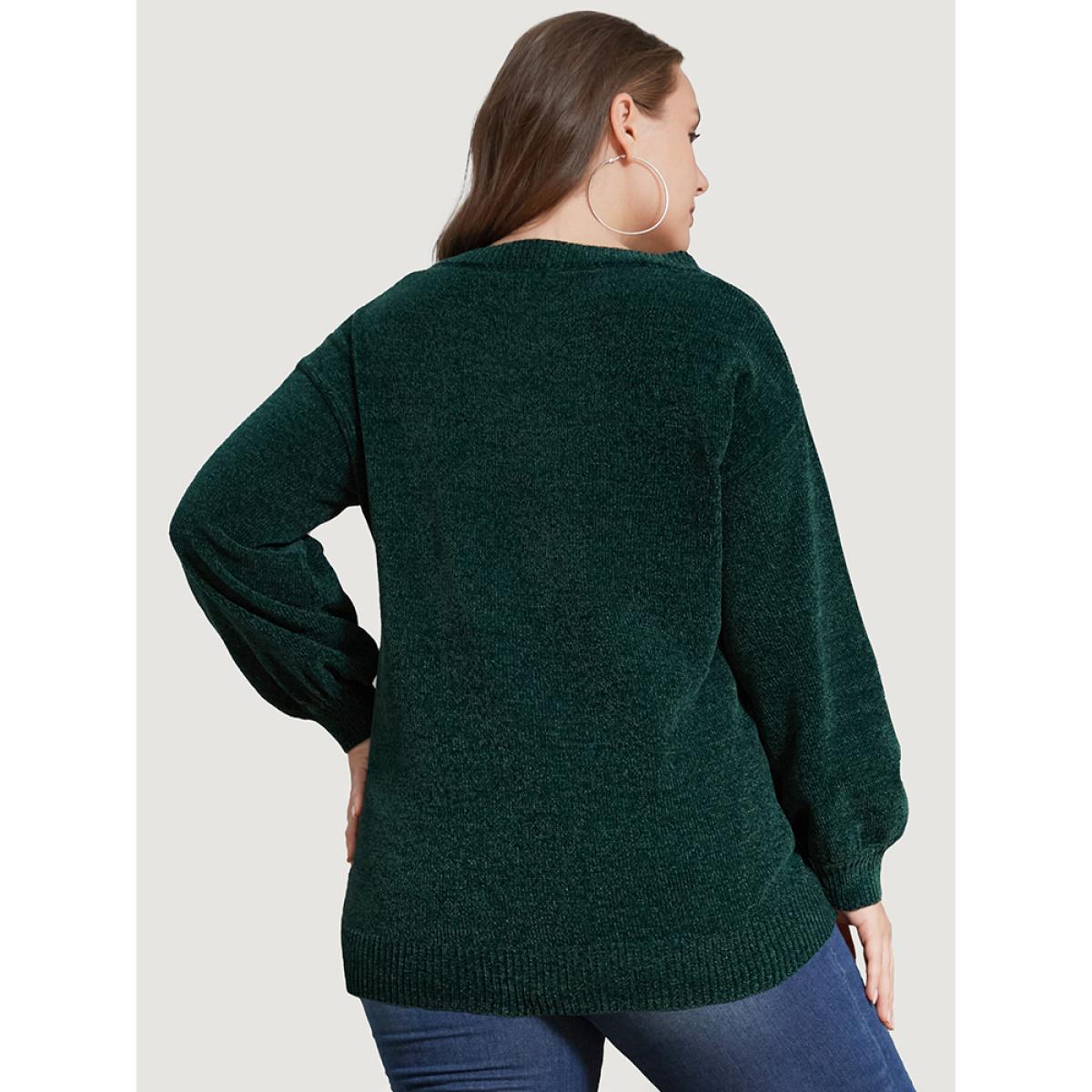 Plus Size Solid Chenille Knit Lantern Sleeve V Neck Knit Top DarkGreen Women Elegant Long Sleeve V-neck Dailywear Pullovers BloomChic 30/6X Product Image