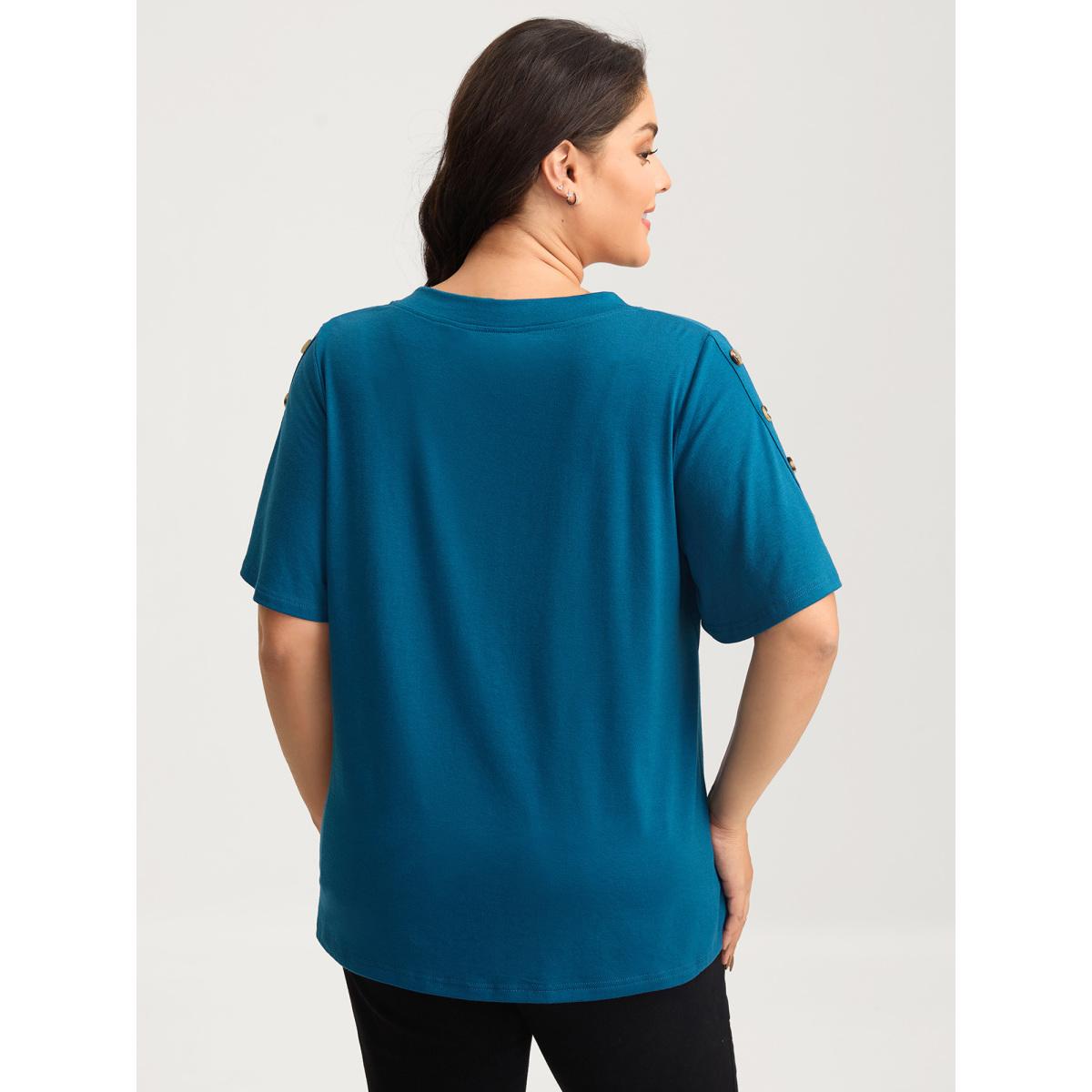 Plus Size Supersoft Bust-Friendly Pleated T-Shirt Aegean Women Leisure Button V-neck Casual T-shirts BloomChic 12/L Product Image