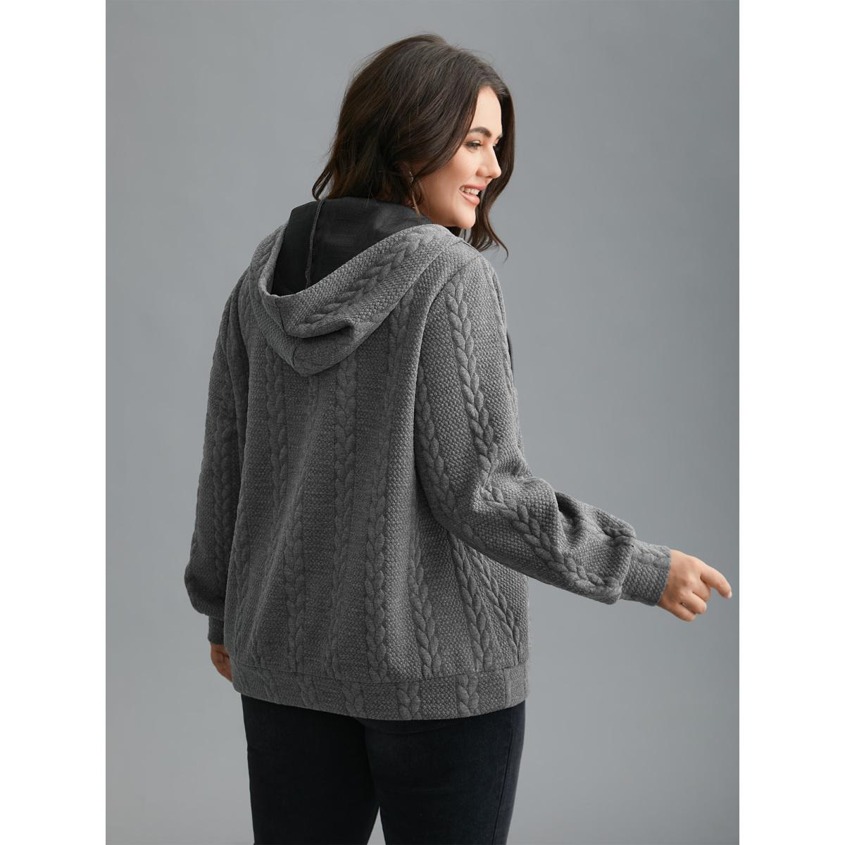 Plus Size Cable Knit V-Neck Ribbed Hem Hoodie Women DimGray Casual Texture Hooded Everyday Sweatshirts BloomChic 14-16/1X Product Image