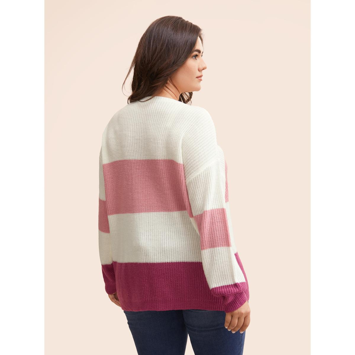 Plus Size Round Neck Colorblock Contrast Pullover RedViolet Women Casual Long Sleeve Round Neck Everyday Pullovers BloomChic 10/M Product Image