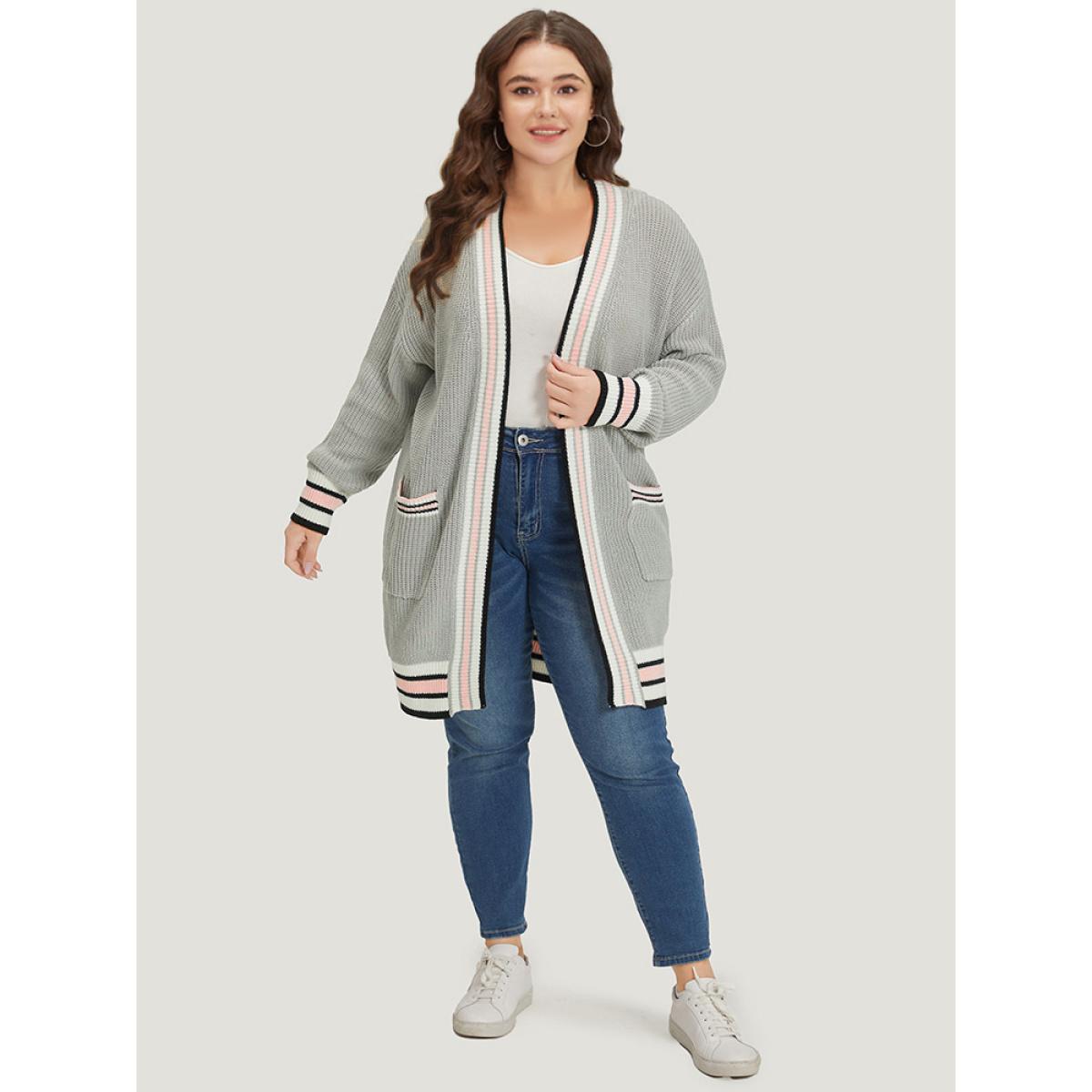 Plus Size Striped Contrast Drop Shoulder Elastic Cuffs Cardigan LightGray Women Casual Loose Long Sleeve Dailywear Cardigans BloomChic 12/L Product Image