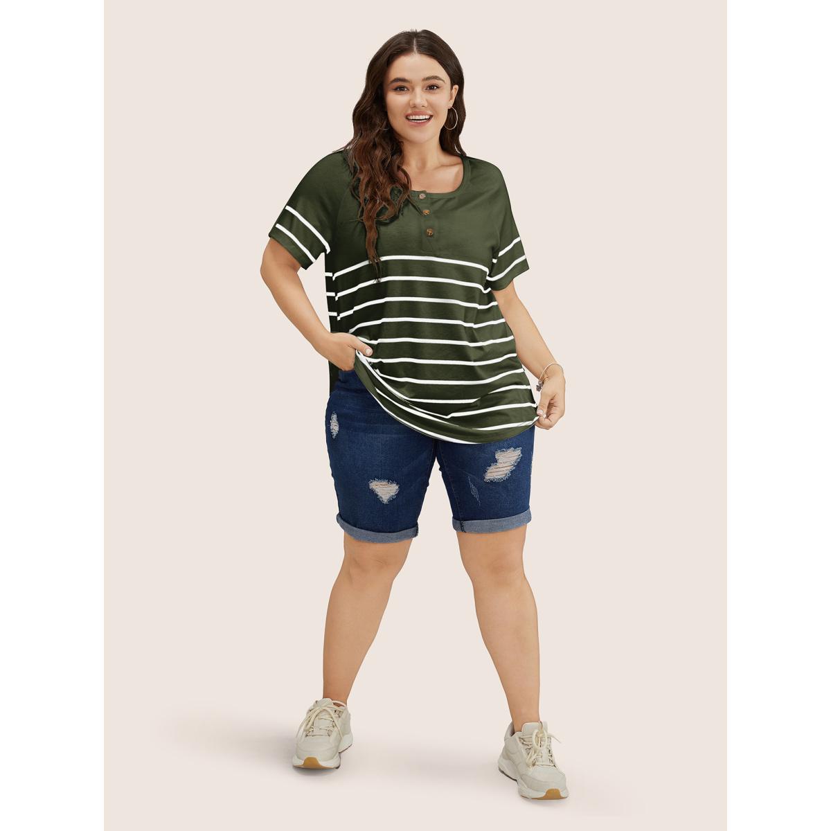 Plus Size Striped Print Raglan Sleeve Button Up T-shirt ArmyGreen Women Casual Contrast Striped Round Neck Everyday T-shirts BloomChic 18-20/2X Product Image