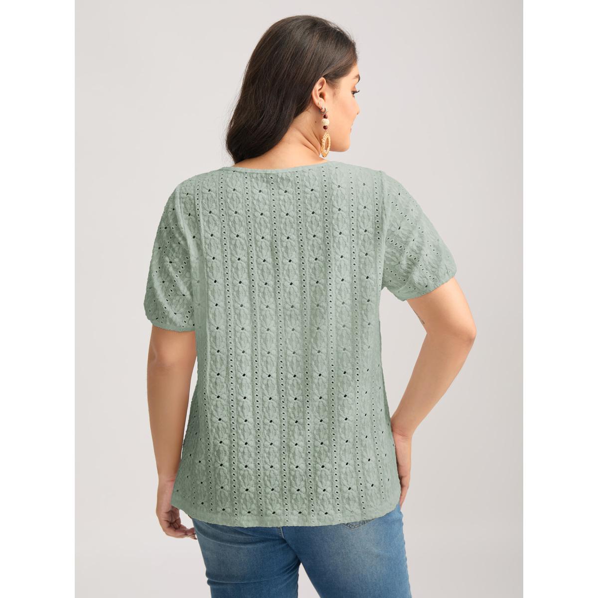 Plus Size Eyelet Trim Floral Embroidered Solid T-Shirt Mint Women Romantic Woven ribbon&lace trim Square Neck Elegant T-shirts BloomChic 14-16/1X Product Image