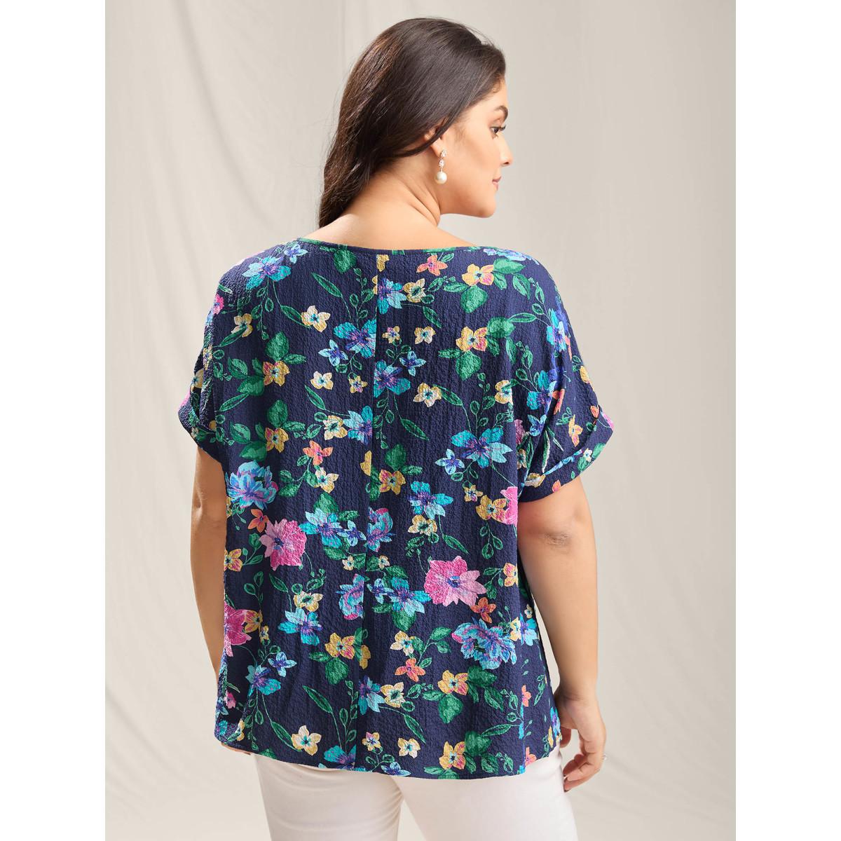 Plus Size Indigo Floral Affair Print Wrinkled Fabric Blouse Women Playful Short sleeve Round Neck Casual Blouses BloomChic 22-24/3X Product Image