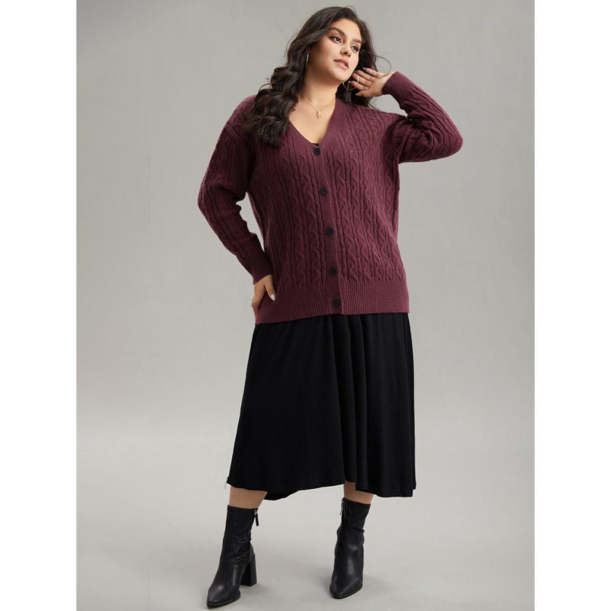 Plus Size Solid Cable Knit Button Fly Cardigan Burgundy Women Casual Loose Long Sleeve Everyday Cardigans BloomChic 14-16/1X Product Image