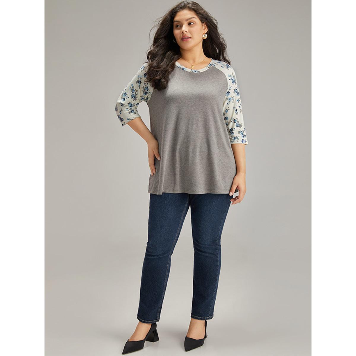Plus Size Ditsy Floral Patchwork Contrast T-shirt Gray Women Elegant Printed Ditsy Floral Round Neck Dailywear T-shirts BloomChic 10/M Product Image