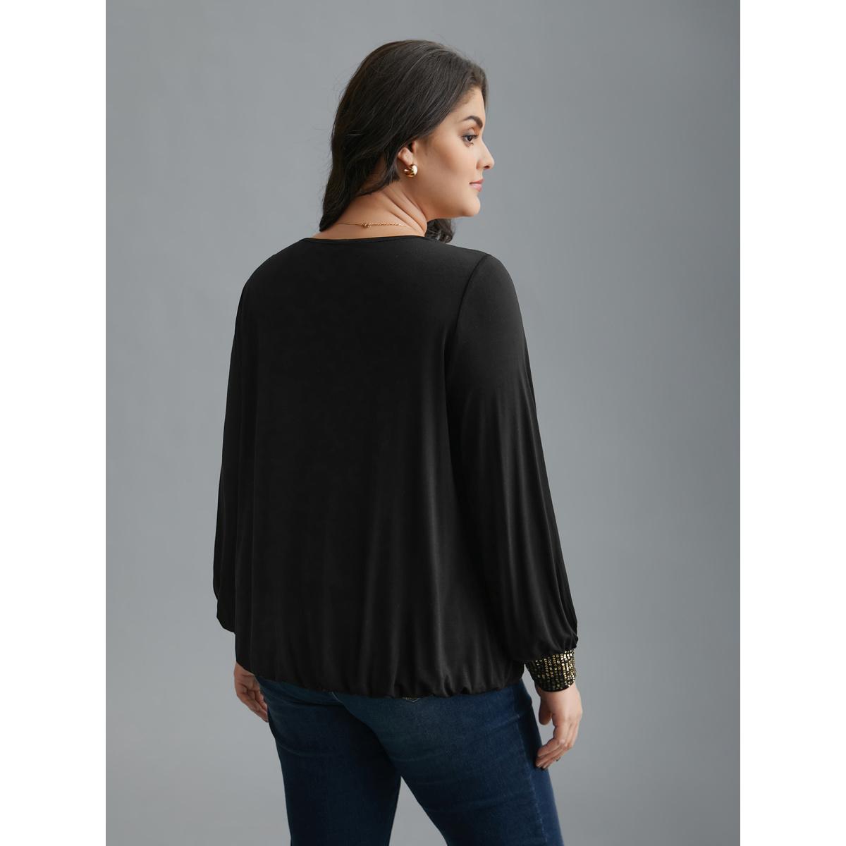 Plus Size Supersoft Essentials Sequin V-Neck T-shirt Black Women Elegant Patchwork V-neck Everyday T-shirts BloomChic 14-16/1X Product Image