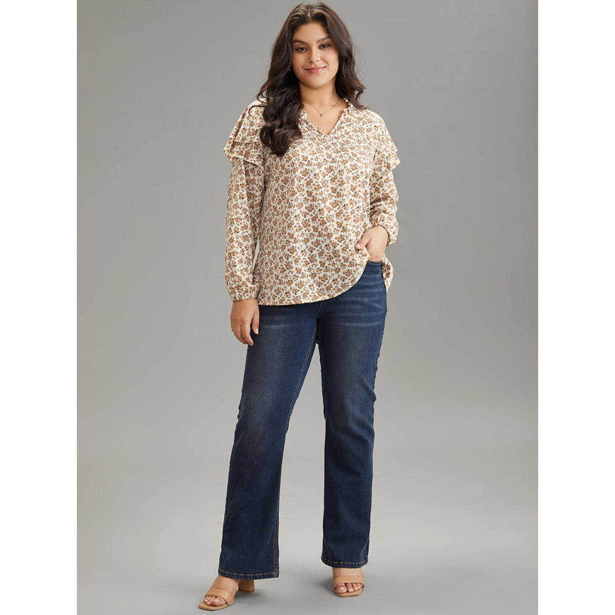 Plus Size Apricot Ditsy Floral Notched Tiered Ruffles Lantern Sleeve Blouse Women Elegant Long Sleeve Notched collar Dailywear Blouses BloomChic 18-20/2X Product Image