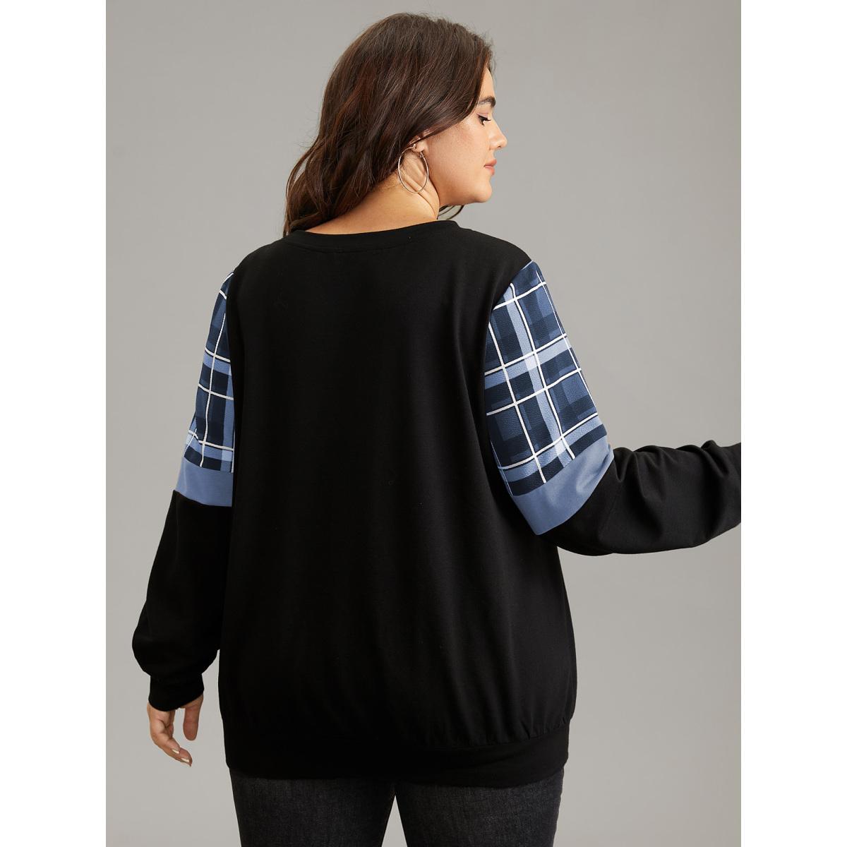 Plus Size Colorblock Plaid Contrast Crew Neck Sweatshirt Women Stone Casual Contrast Round Neck Dailywear Sweatshirts BloomChic 26/4X Product Image