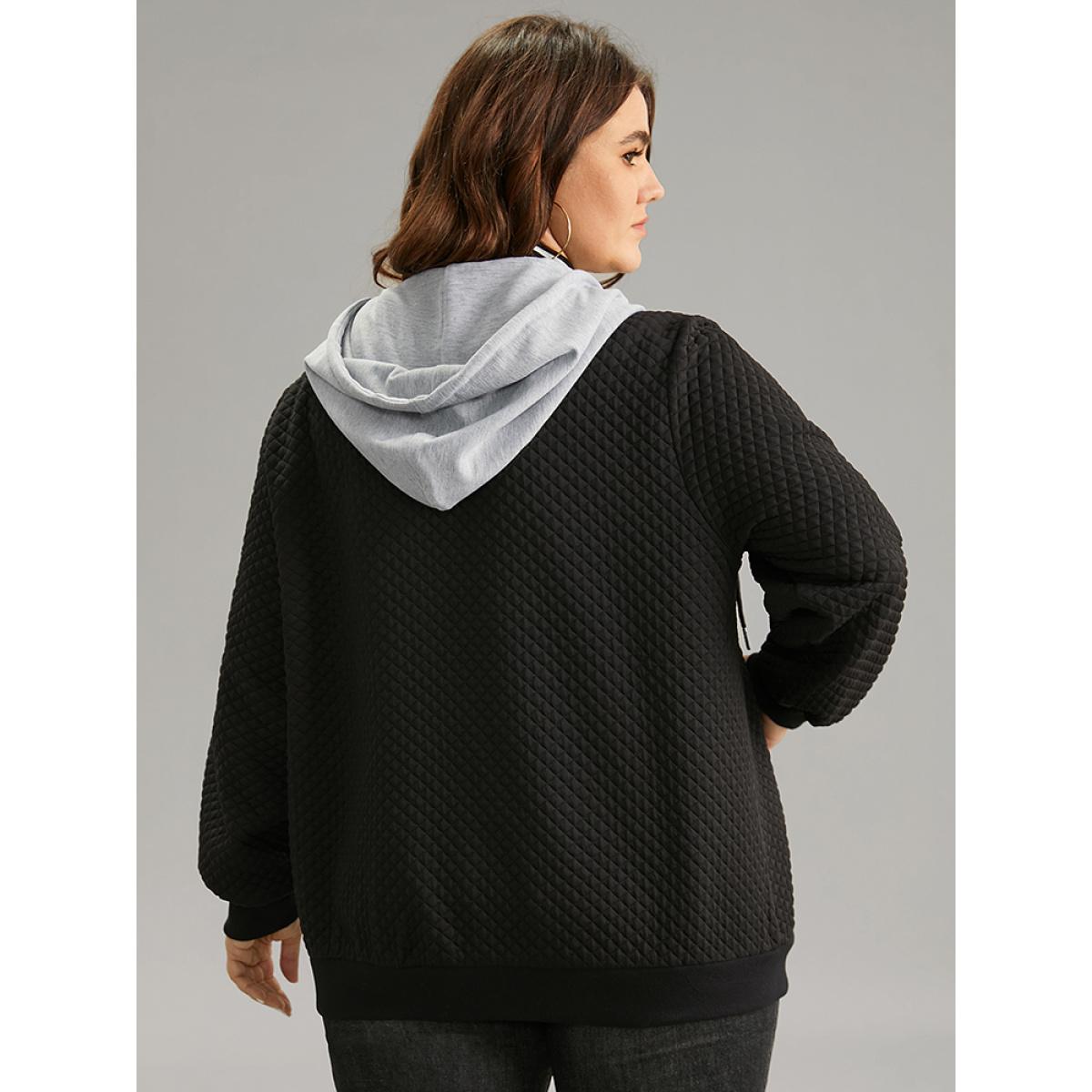 Plus Size Contrast Hooded Drawstring Pocket Zipper Fly Coat Women Black Rib Knit Pocket Dailywear Jackets BloomChic 22-24/3X Product Image