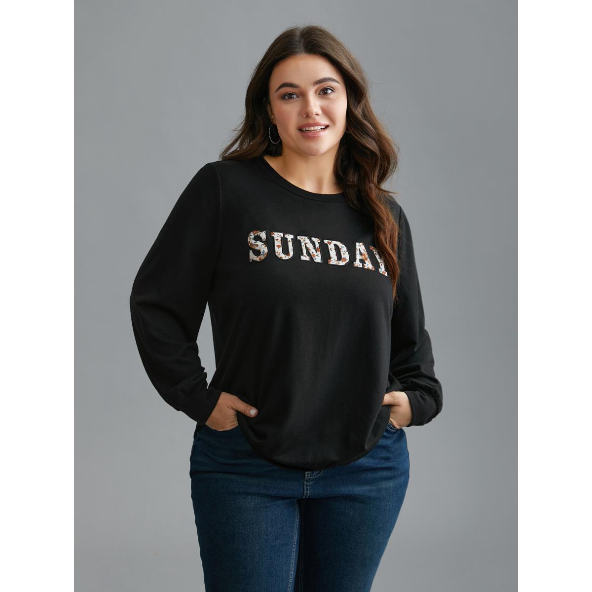 Plus Size Sunday Patchwork Embroidered Sweatshirt Women Black Casual Embroidered Round Neck Everyday Sweatshirts BloomChic 12/L Product Image