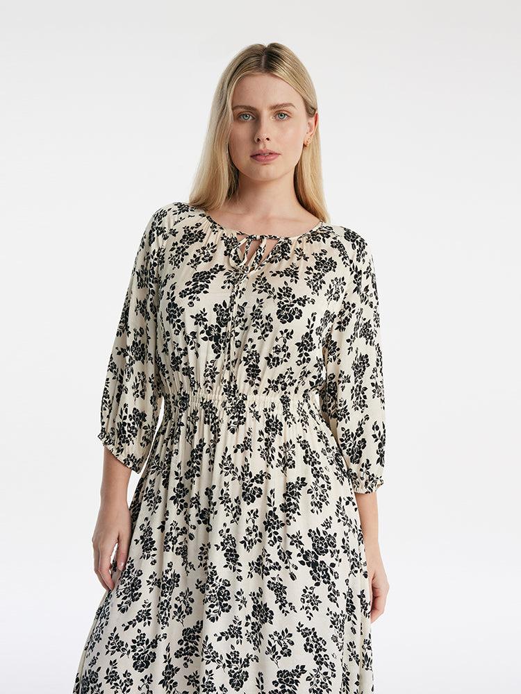 Camellia Print Gathered Waist Women Midi Dress Product Image