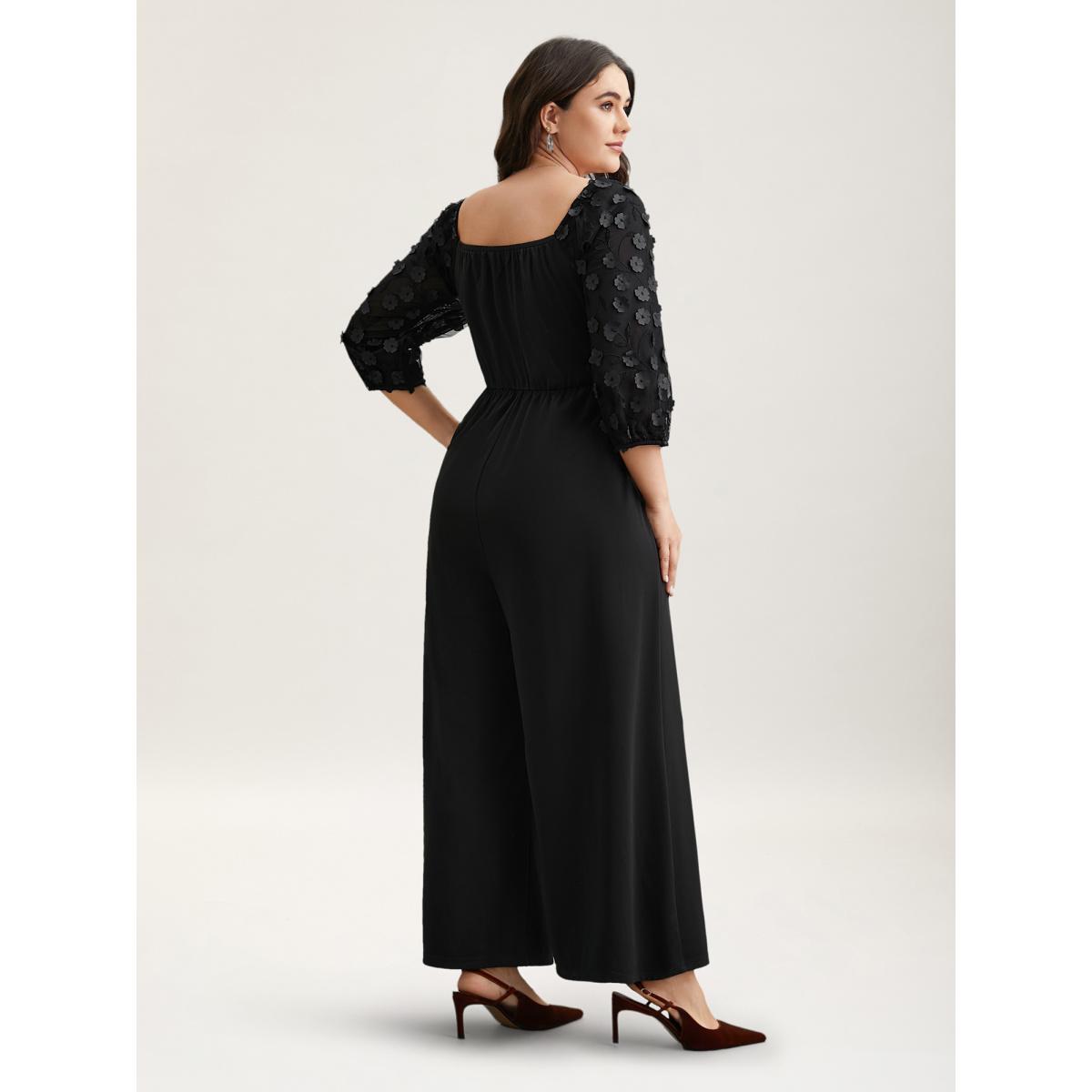 Plus Size Black Floral Mesh Sleeve Pockets Straight-Leg Jumpsuit Women Elegant Elbow-length sleeve Square Neck Elegant Loose Jumpsuits BloomChic 26/4X Product Image