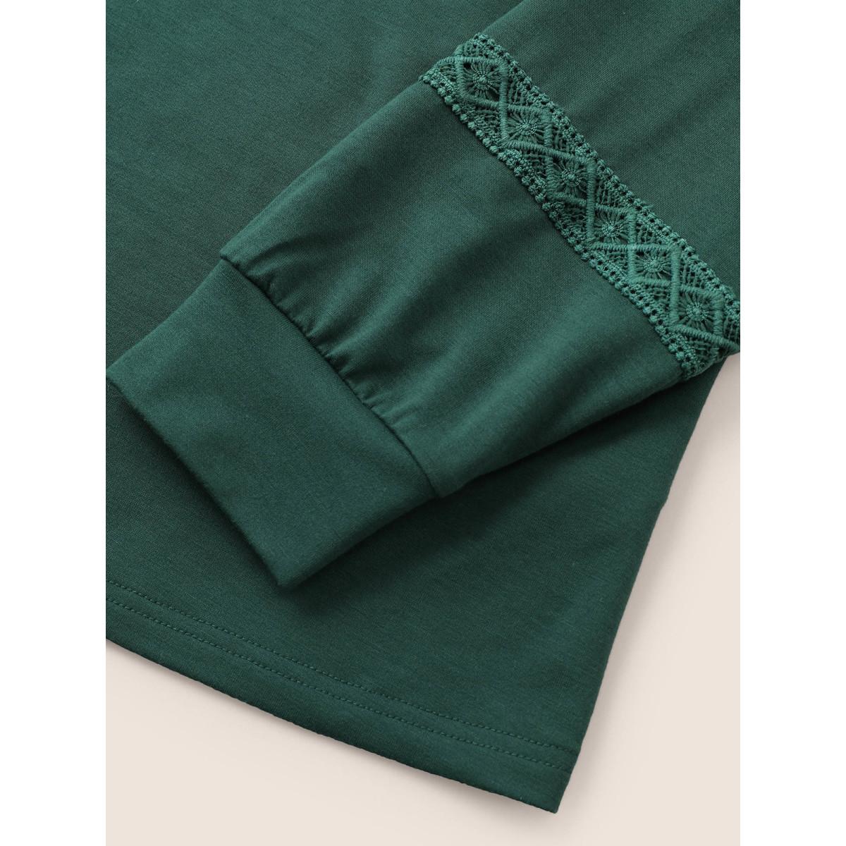 Plus Size Plain Guipure Lace Eyelet Sweatshirt Women DarkGreen Casual Cut-Out Round Neck Everyday Sweatshirts BloomChic 10/M Product Image