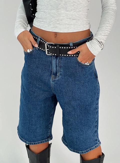 Retro Dream Mid Rise Longline Denim Shorts Mid Wash Product Image